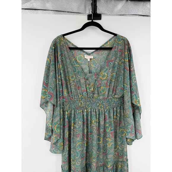 Anthropologie Boemo Green midi dress Paisley Tiered smocked Size L Boho Regency - Picture 3 of 11